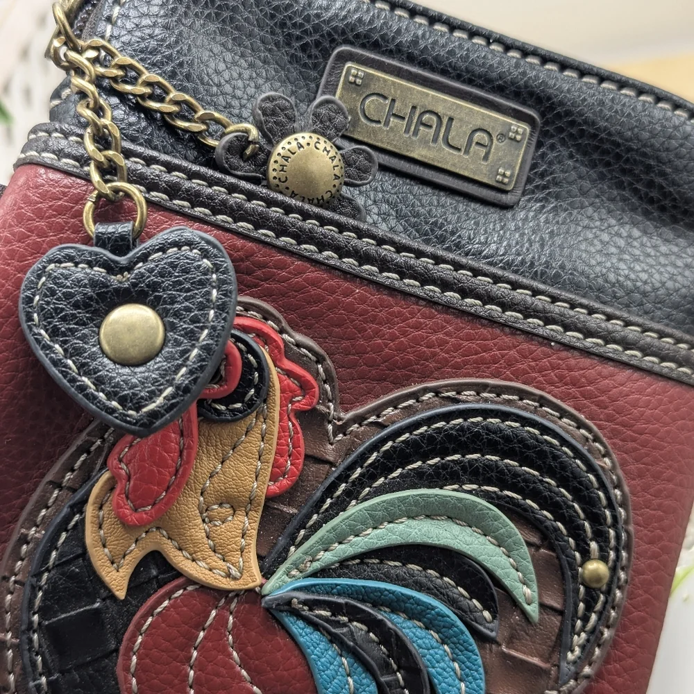 Chala Raised Leather Rooster Design Small Purse Shoulder Bag Card Phone Holder - Picture 5 of 5